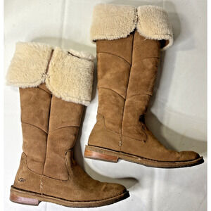 UGG Sibley Chestnut Suede Tall Boots Womens Size 6.5 Shearling Cuff